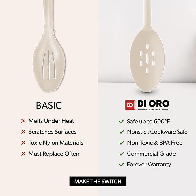 DI ORO Silicone Spoons for Cooking - Large Kitchen Spoons for Mixing, Serving, & Stirring - 600째F Heat-Resistant Non Stick Utensils ??Big Solid & Slotted Basting Spoons - Dishwasher Safe (2pc, Clay)