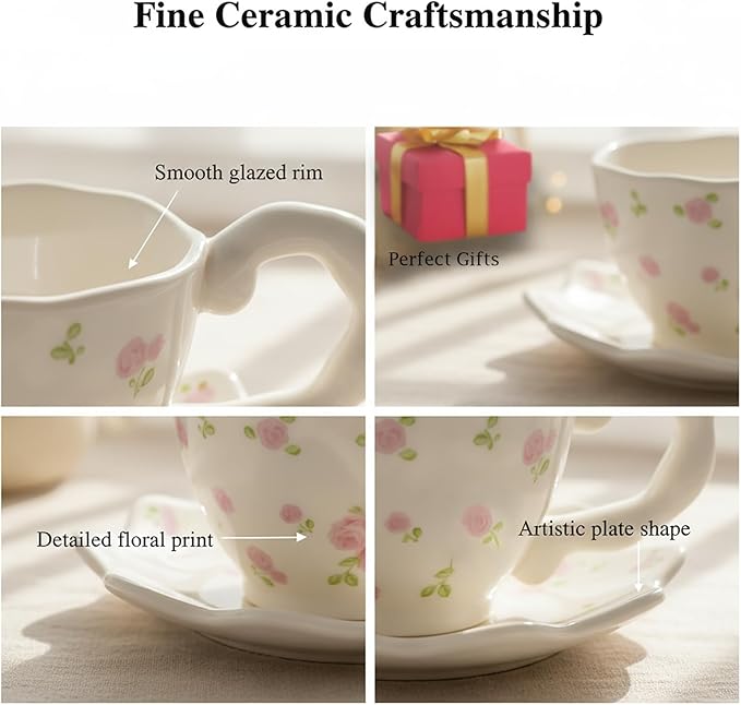 Unique Ceramic Tea Cup and Saucer Set, Coffee Mug, Cup and Saucer Set, Cute Fancy Girly Afternoon Tea Set Purse Gift, 5.4 oz/160 ml Vintage Style, For Women and Tea Parties, Pink flowers