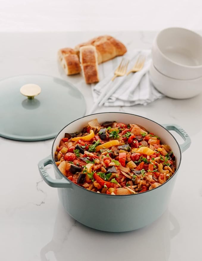 Milo by Kana 5.5-quart Enameled Cast Iron Dutch Oven with Lid | Premium Casserole Cooking Pot | Enamel Coating Inside and Out | Oven Safe and Dishwasher Friendly (Eucalyptus with Gold Knob)