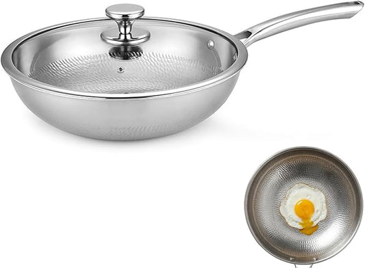 Titanium Hammered Wok Pure with Lid, No Coating Non-Stick Titanium Cookware, Frying Pans, Hammered Pan, Ultra-Durable, Scratch-Resistant, Even Heating Frying Pans, Safe for Oven,12.59in