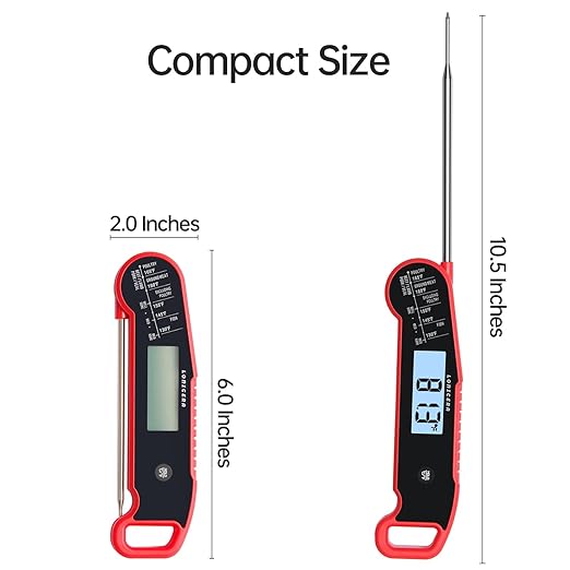 Lonicera Digital Meat Thermometer for Food Cooking. Instant Read Within 1 Sec and 짹0.9?덦ccuracy with Thermocouple Sensor. IP67 Waterproof, Auto-Rotating Display, Auto Wake up (Red)