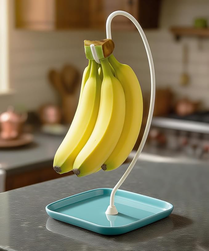 VROOMIUM Banana Holder Stand with Ceramic Bowl - Holds Up to 5 Pounds Bananas, Hassle-free Cleaning, Stylish and Chic Design Banana Rack, Blue
