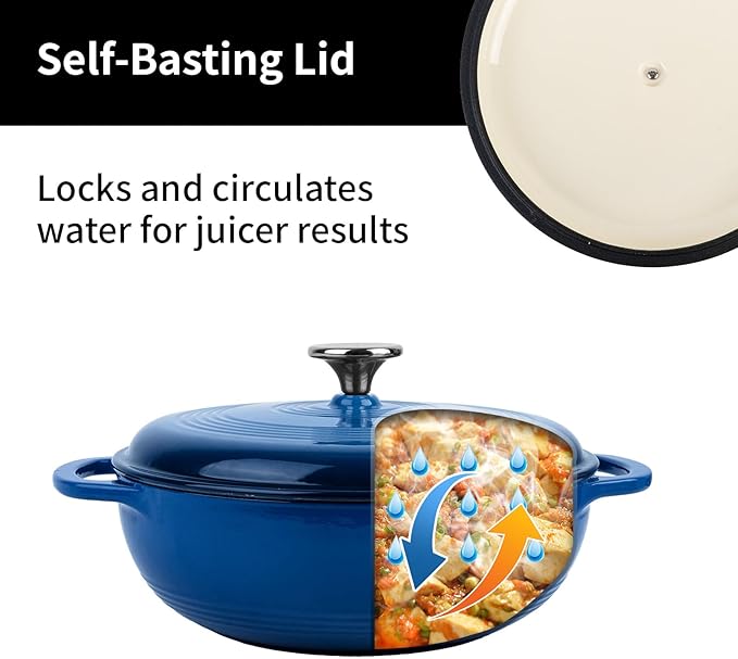 Enameled Cast Iron Dutch Oven Pot with Lid, 3 Quart Shallow Dutch Oven, Oven Safe up to 500째 F, Suitable for Bread Baking, Braising, Roasting, Stews, Blue