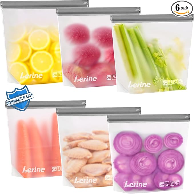 Lerine 6 Pack Reusable Gallon Freezer Bags Silicone Stand-Up Dishwasher Safe, BPA-Free Reusable Gallon Bags, Leakproof Food Storage Bags for Meat Vegetables Bread Travel (Gray)