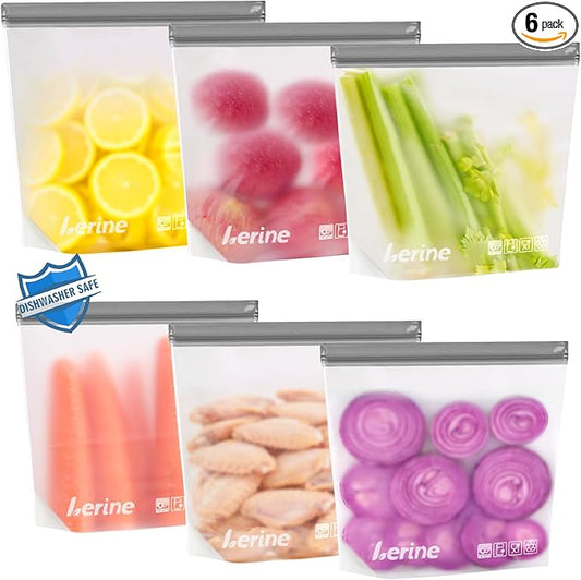 Lerine 6 Pack Reusable Gallon Freezer Bags Silicone Stand-Up Dishwasher Safe, BPA-Free Reusable Gallon Bags, Leakproof Food Storage Bags for Meat Vegetables Bread Travel (Gray)