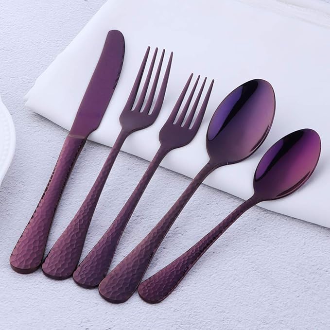 Purple Silverware Set, 20 Piece Premium 18/8 Stainless Steel Hammered Kitchen Utensil Flatware Cutlery Sets of 4, Mirror Polish, Dishwasher Safe