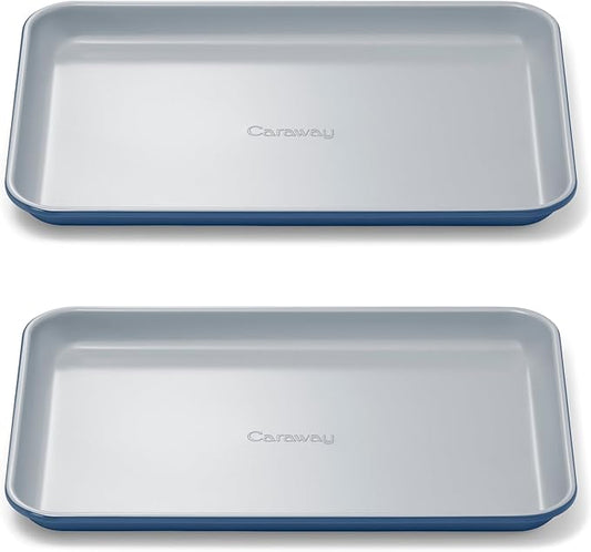 Caraway Nonstick Ceramic Small Baking Sheet Duo (9x13?? ??Non-Toxic, PTFE & PFOA Free ??Oven Safe ??Aluminized Steel Core ??Mini Sheet Pan for Baking, Roasting & More - Navy