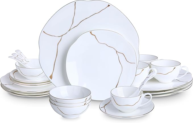 24 Piece White Porcelain Dinnerware set for 4,Plates and Bowls Sets With Gold Rim and gold accents,Highly Chip and Crack Resistant | Dishwasher Safe Dishes Set