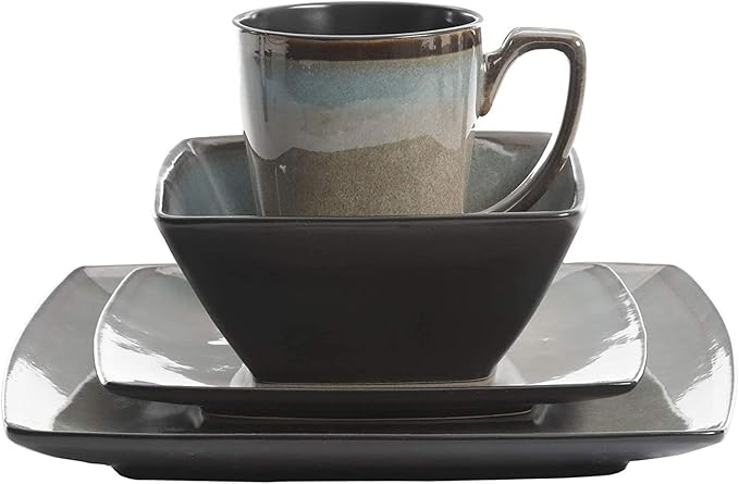 Gibson 101859.16RM Elite Tequesta 16 Piece Square Glazed Durable Dinnerware Set with Plates, Bowls, & Mugs, Microwave/Dishwasher Ready, Taupe (3 Pack)