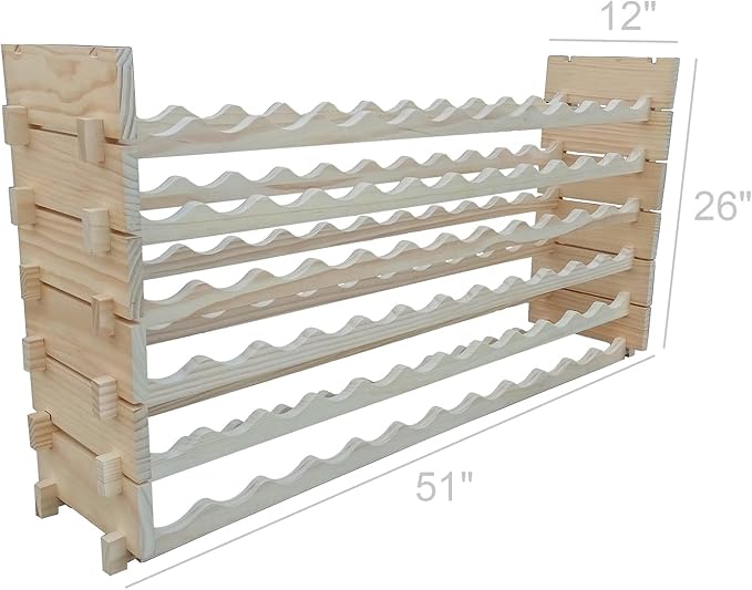 FixtureDisplays짰 51 X 12 X 26" Stackable Modular Wine Rack Stackable Storage Stand Display Shelves, Pine Wood, (72 Bottle Capacity, 6 Rows x 12) 16931-NPF