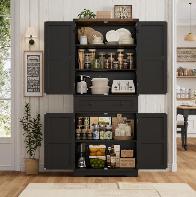 HOSTACK 71" Tall Pantry Cabinet, Farmhouse Kitchen Pantry with Storage Shelves, Barn Doors Food Storage Cabinet, Freestanding Kitchen Hutch with Large Drawer for Dining Room, Living Room, Black