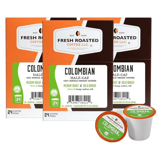 Fresh Roasted Coffee,100% Water Processed Half-Caf Colombian, Kosher, K-Cup Compatible, 72 Pods
