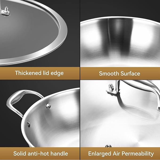LOLYKITCH 12 Inch Tri-Ply Stainless Steel Wok Pan with Lid,Kadai,5 QT Induction Cooking Pot,Dishwasher and Oven Safe