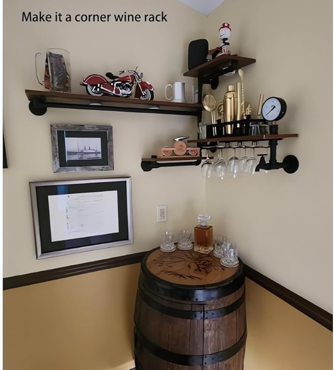 Industrial Pipe Shelves Wine Rack Wall Mounted with 4 Stem Glass Holder,Bar Shelves 39in Metal Hanging Wine Rack, Rustic Floating Pipe Shelf, Living Room Kitchen Decor Display Rack