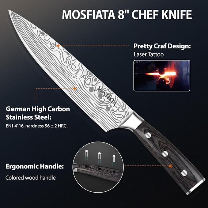 MOSFiATA 5 PCS Chef Knife Set, German High Carbon Stainless Steel Kitchen Knife Set with Sharpener Rod竊?PCS Blade Guard,Wood Handle Knives Set for Kitchen with Gift Box