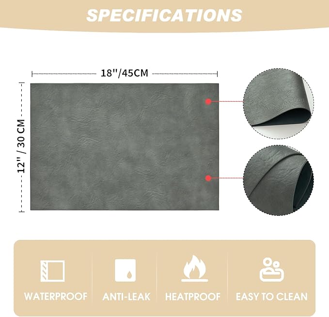 Artoid Mode Grey Faux Leather Placemats Set of 6, 12x18 Inch Waterproof Wipeable Heat Resistant Place Mats, Reversible Table Mats for Winter Kitchen Dining Decor