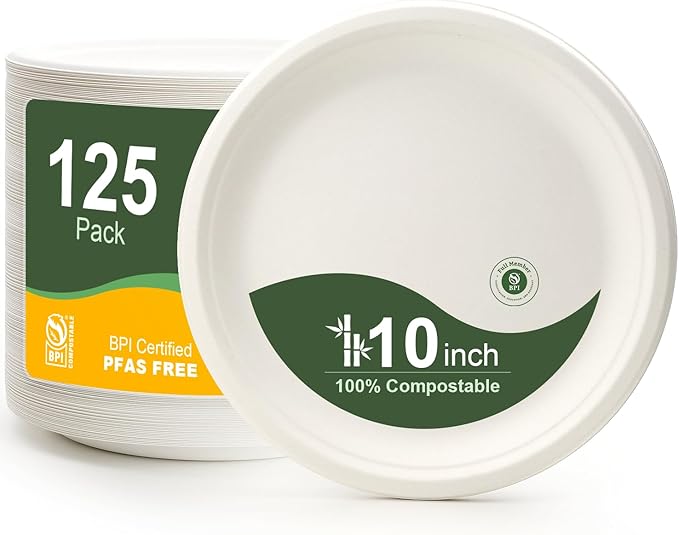 WELLIFE 10 Inch Paper Plates, 125-Pack 100% Compostable Heavy Duty Disposable Plates Bulk, Biodegradable Bagasse, Eco-Friendly, PFAS-Free | BPI Certified | Microwaveable