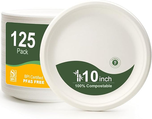 WELLIFE 10 Inch Paper Plates, 125-Pack 100% Compostable Heavy Duty Disposable Plates Bulk, Biodegradable Bagasse, Eco-Friendly, PFAS-Free | BPI Certified | Microwaveable