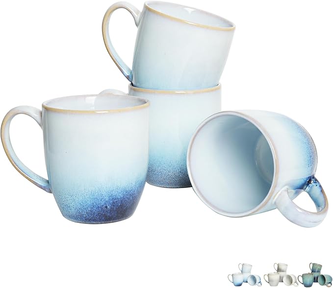 Bosmarlin Ceramic Coffee Mug Set of 4, 17 Oz, 3 Colors to Choose, Tea Cups, Dishwasher and Microwave Safe, Reactive Glaze??(17 Oz, Blue)