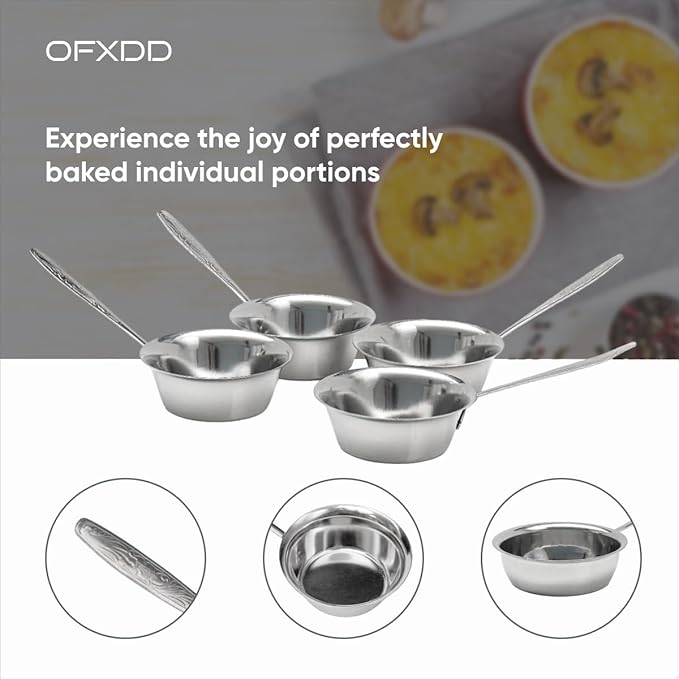 Cocotte Stainless Steel 3.54 Inch - 4 Pcs Mini Cocotte with Handle - Ramekin for Baking Julienne, Oven Safe, 4.22 Oz, OFXDD