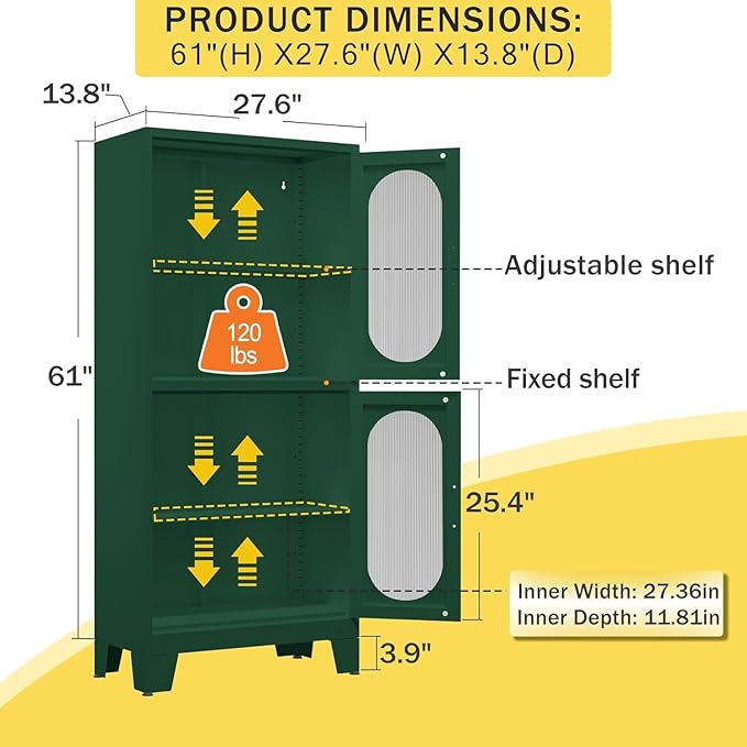 Pantry Storage Cabinet, 61" Pantry Cabinets with Acrylic Glass Doors and Adjustable Shelves, Metal Kitchen Storage Cabinet for Kitchen, Living Room, Laundry Room and Dinning Room（Green）