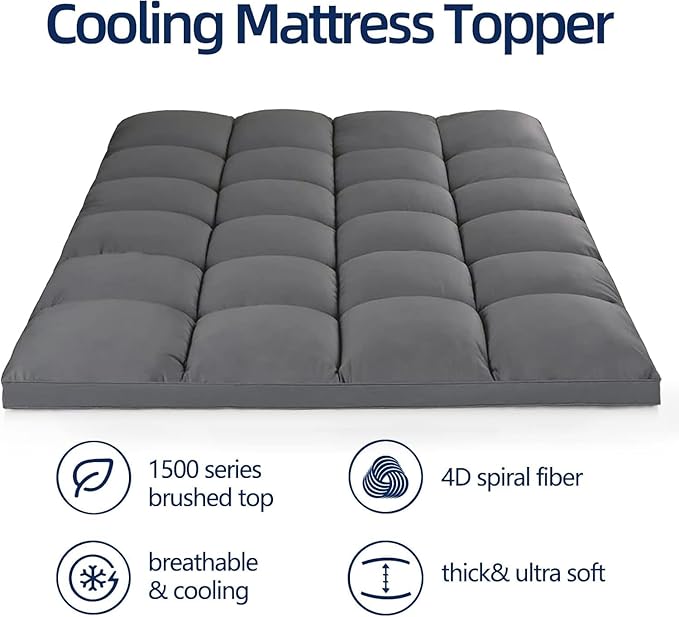 Mattress Topper Twin for Back Pain, Extra Thick Mattress Pad Cover, Plush Pillow Top, Deep Elastic Pocket, Grey,39"X75"+20"