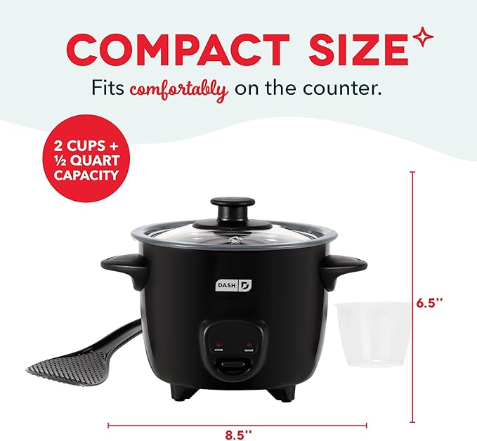 DASH Mini Rice Cooker Steamer with Removable Nonstick Pot, Keep Warm Function & Recipe Guide, One Half Quart, for Soups, Stews, Grains & Oatmeal - Black