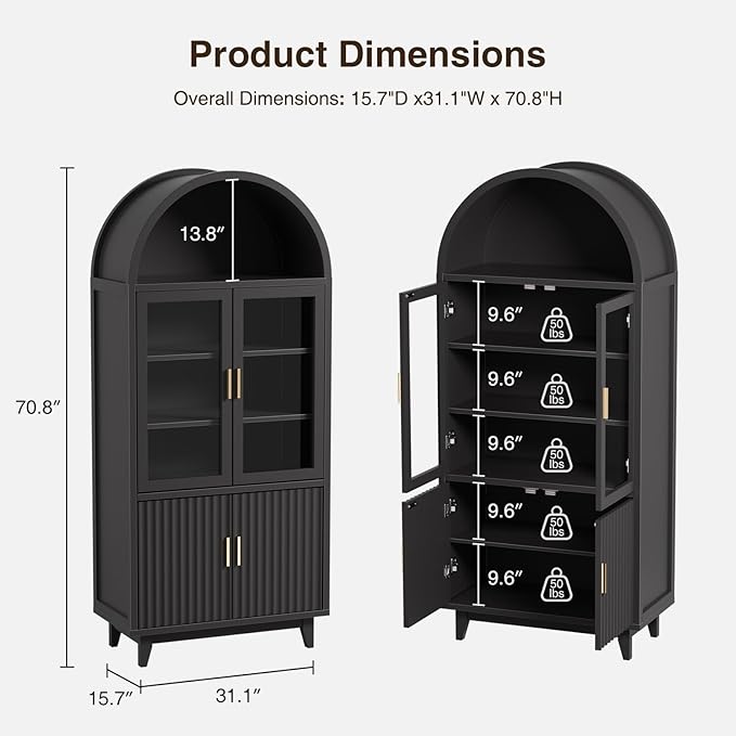 Kitchen Pantry Cabinet with Glass Doors - Arched Design, Solid Wood Legs, Artistic Fluted Door, Adjustable Shelves, 70.8" Curved Storage Cabinet for Kitchen, Dining Room