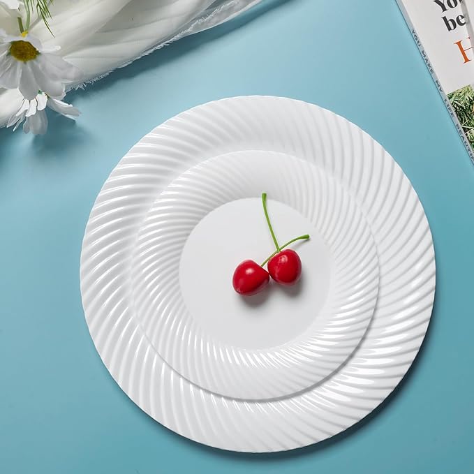 FOCUSLINE 10 Inch White Plastic Plates,100 Count Disposable Heavy Duty Dinner Plates, Premium Hard Plastic for Weddings, Parties and Events