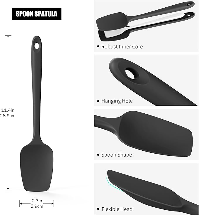 Heat Resistant Silicone Spoon Spatula, Doosu 600째F High Temp Flexible Cooking Spoons Kitchen Rubber Spoonula Scratch-Proof for Mixing Stirring Scraping Serving Non-Stick Cookware (11.4in, Black)