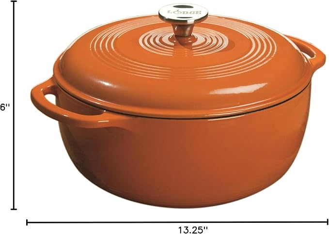 Lodge 6 Quart Enameled Cast Iron Dutch Oven with Lid ??Dual Handles ??Oven Safe up to 500째 F or on Stovetop - Use to Marinate, Cook, Bake, Refrigerate and Serve ??Pumpkin