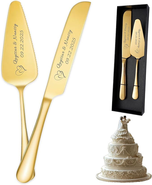 HJX Personalized Cake Knife and Server Set for Wedding - Engraved Stainless Steel Cake Cutting Set, Custom Elegant Cake Cutter Gift for Anniversary Birthday (01-Foundation)