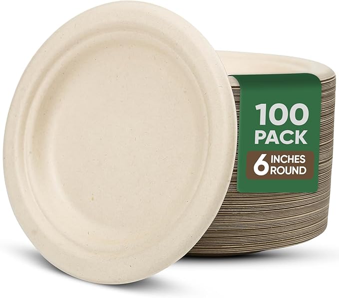 Paper Plates 6 Inches, 100 Pack Disposable Plates ??100% Compostable Plates, Water & Oil Proof Dessert Plates, Microwavable Small Paper Plates, Perfect Paper Plate For Party - Brown