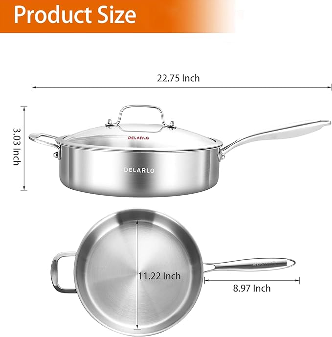 DELARLO Tri-Ply Stainless Steel Frying Pan,12 inch Skillet with Lid,6 Quart Saute Pan,Compatible with All Cooktops,Oven Up to 660??Chicken Fryer,Dishwasher-Friendly