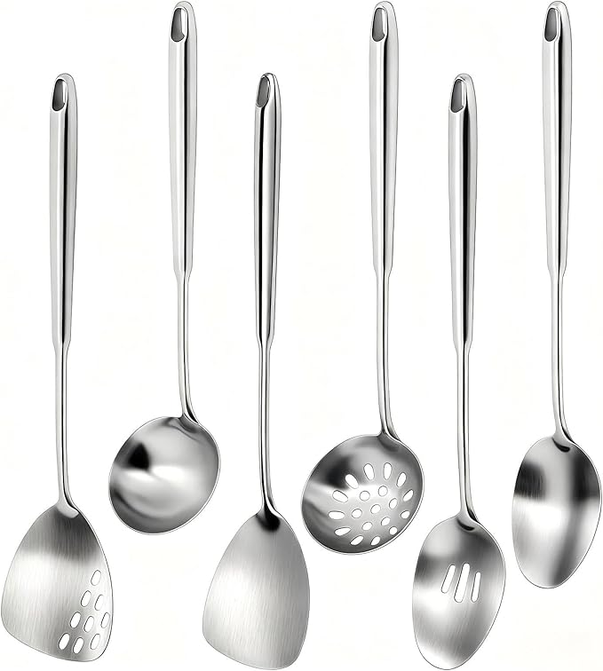 6Pcs Stainless Steel Kitchen Utensils Set ??Cooking Utensils Set Stainless Steel, Metal Cooking Utensils with Wok Spatula, Serving Spoons,Ladle Set??Durable Cooking Supplies for Home and Camping