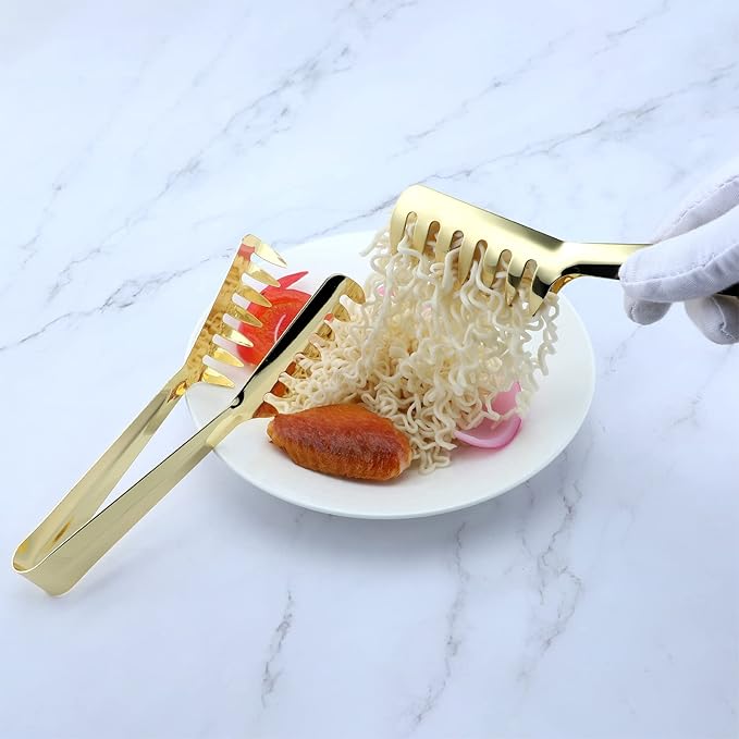 MSY BIGSUNNY 8 Inch Stainless Steel Pasta Tongs, Spaghetti Tongs with Teeth, Serving Tongs for Noodles, Spaghetti, Cooking (Set of 2, Shiny Gold)