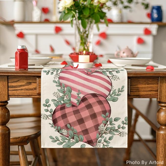 Artoid Mode Pink Eucalyptus Hearts Valentine's Table Runner, Anniversary HoliKitchen Dining Table Decoration for Home Party Decor 13x120 Inch