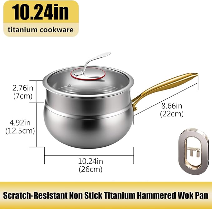 Titanium Hammered Pan with Lid, Thickened Multi-Layer Titanium Wok Pan, Scratch-Resistant Non Stick Stock Pot, Even Heating for Cooking,With steamer,10.24IN