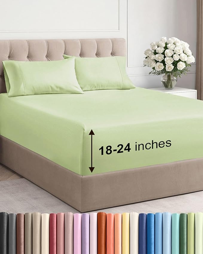 Extra Deep Pocket Cal King Sheets - 4 Piece Breathable & Cooling Bed Sheets - Hotel Luxury Bed Sheet Set - Soft, Wrinkle Free & Comfy - Easily Fits Extra Deep Mattresses - Light Sage Green Sheets Set