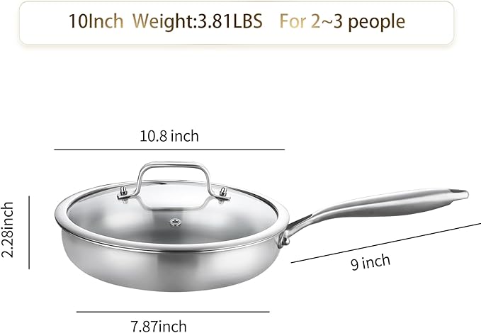 DELARLO Tri-Ply Stainless Steel Frying Pan訝? inch Skillet with Lid訝쭭ll Cooktops Compatible Up to 600?됦릅Enegry Saving訝쭷itchen Egg Skillet 9" 訝쭰urable訝쭱verything Pan訝쭽melet Pans for Kitchen Cooking