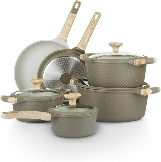 Bamb첫 10Pcs Cookware set, Die-cast Aluminum pots and pans, Nonstick frying pans and casseroles, Induction safe, PFOA-free (Green and Cream, 10 pcs)