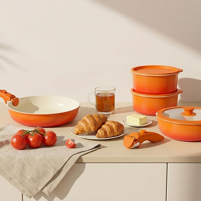 GIPP 11pcs Pots and Pans Set Non Stick, Nonstick Cookware Set Detachable Handle,Ceramic Pots for Cooking Non Stick with Removable Handle, RV Cookware Set, Orange Gradient