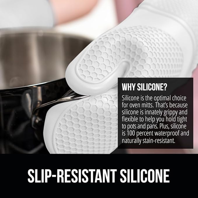 GORILLA GRIP BPA-Free Soft Silicone Oven Mitts, 14.5x8.3, Heat Resistant and Waterproof Cooking Gloves, Thick Cotton Lining, Flexible Gripping for Baking Grilling, Kitchen Potholders Set of 2, White