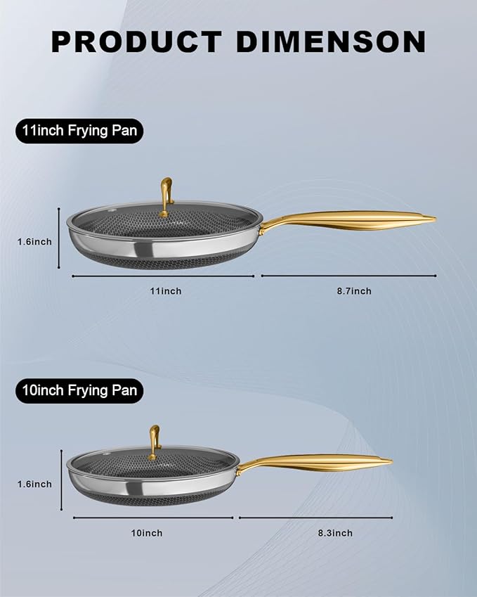 Fogdream 10??1??Non Stick Frying Pans, Stainless Steel Skillet with Lid, Tri-Ply Stainless Steel for All Cooktops, Dishwasher and Oven-Safe Cooking Pan, Stay-Cool Handle, Gold
