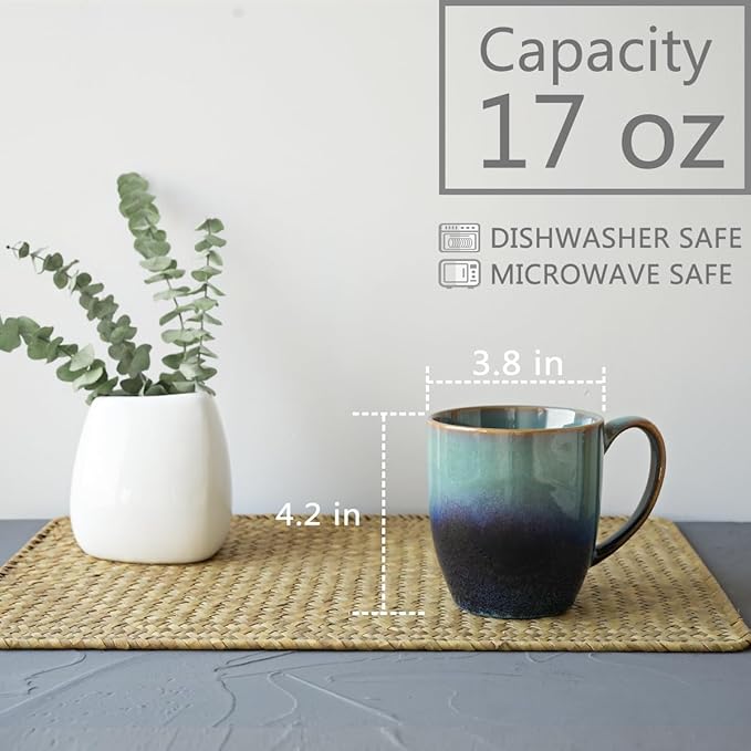 Bosmarlin Ceramic Coffee Mug Set of 4, 17 Oz, Coffee Cups with Big Handle, Microwave Safe, Unique Reactive Glaze(17 Oz, Pale Green)