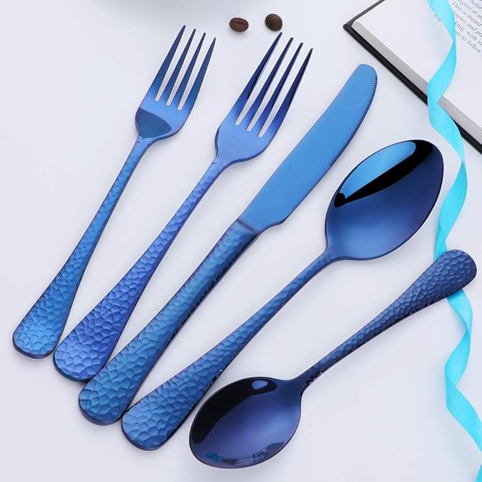 Blue Silverware Set, 20 Piece Premium 18/8 Stainless Steel Hammered Kitchen Utensil Flatware Cutlery Sets of 4, Mirror Polish, Dishwasher Safe
