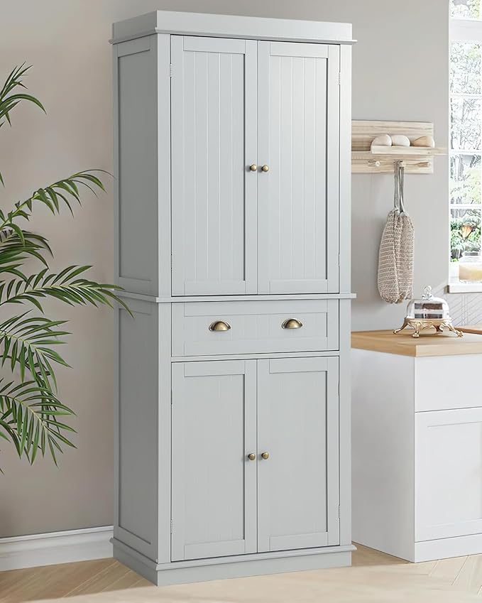 72" Kitchen Pantry Storage Cabinet, Freestanding Cupboard with 2 Cabinets, Drawer and Adjustable Shelves, Tall Storage Cabinet for Kitchen, Dinning Room, Living Room (Light Grey)