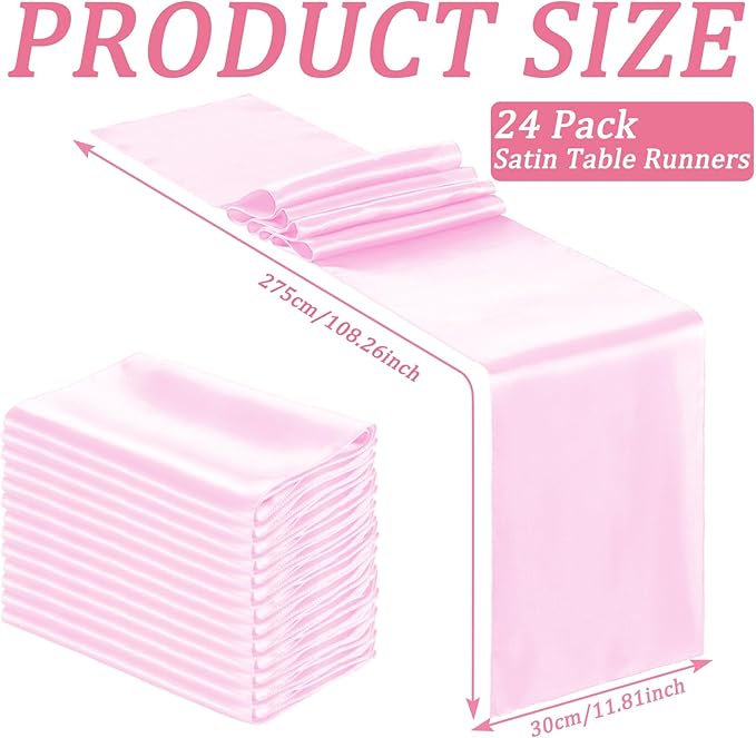 Bencailor 24 Pcs Blush Pink Satin Table Runner Bulk 12 x 108 Inches Long Table Runners Bright Smooth Fabric Tablecloth for Wedding Banquet Birthday Valentines St Patrick's Day Party Decorations