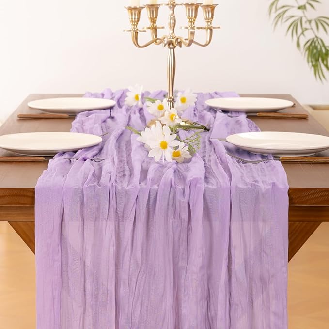 Socomi 6pcs Lilac Purple Lavender Cheesecloth Table Runner Valentine's Day Boho Rustic Gauze 120 inch 10FT Cheese Cloth Runner for Wedding Party Baby Shower Birthday Home Decor Holiday Decorations