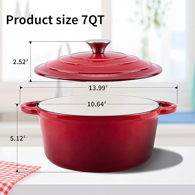 Enameled Cast Iron Dutch Oven Pot with Lid Heavy-Duty Cookware for Bread Baking, Braising,Stews,Roasting,Oven Safe up to 500째F,7QT,red